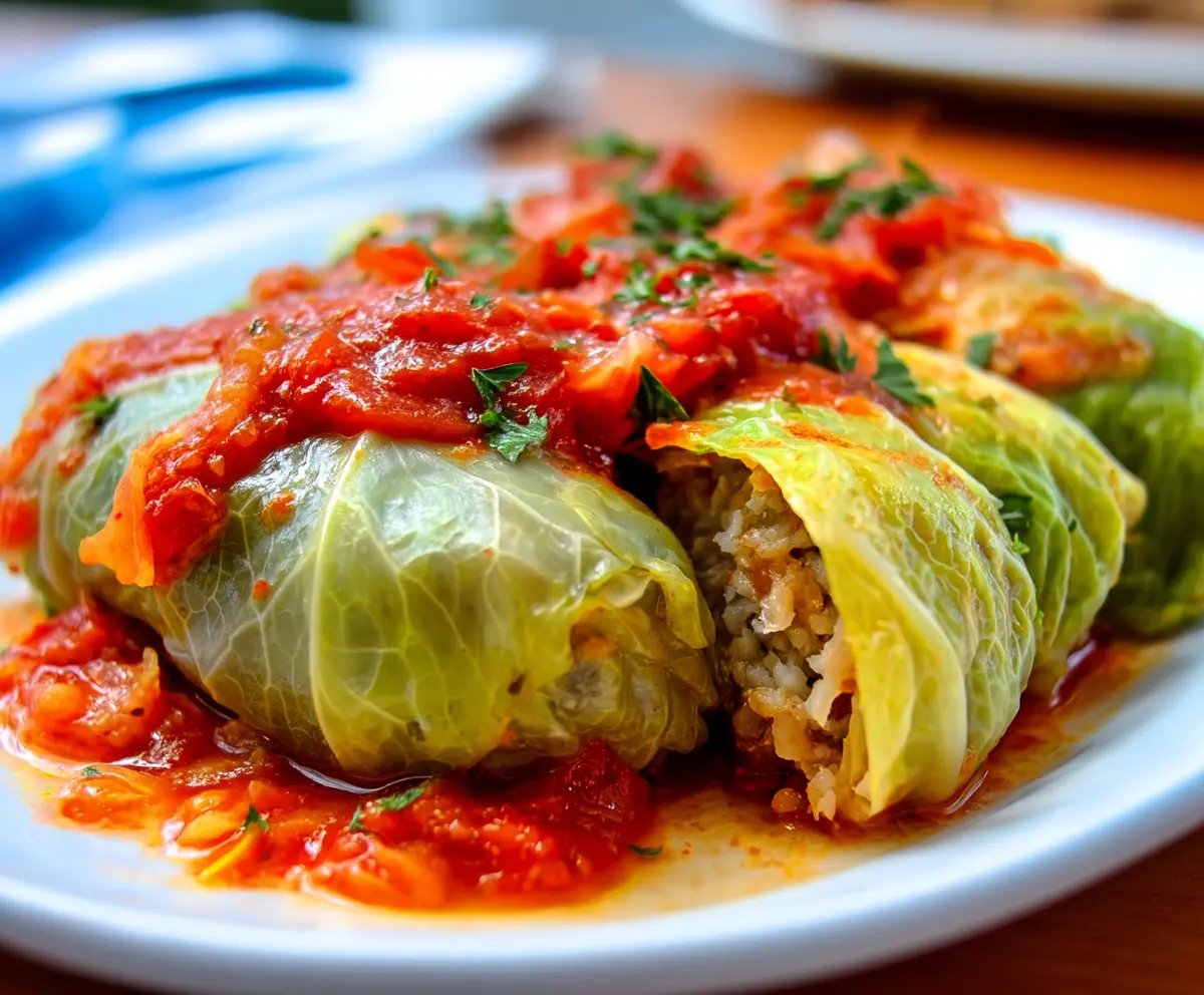 Delicious homemade cabbage rolls filled with seasoned meat and rice, served on a plate.