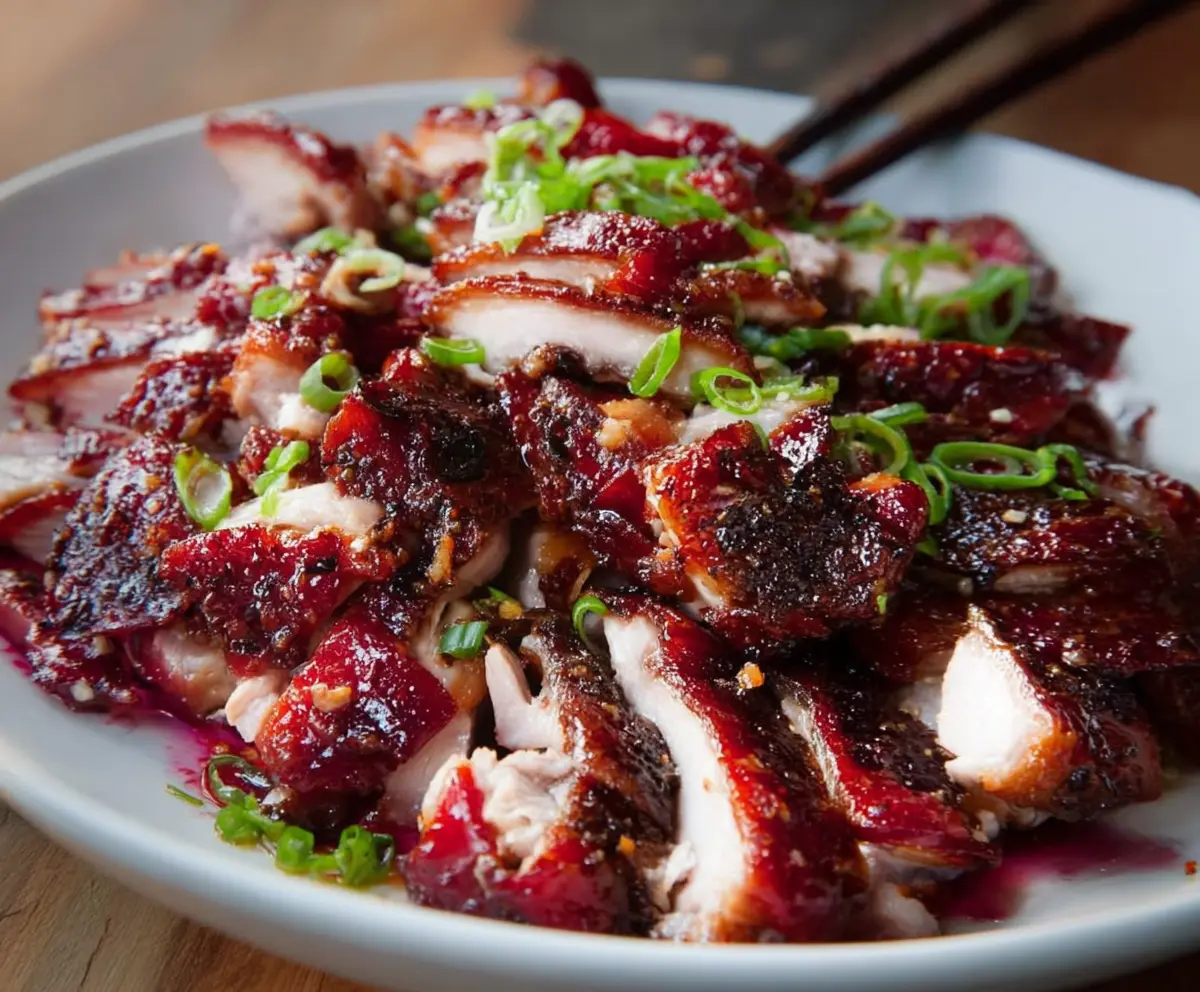 Succulent Char Siu Chicken glazed with savory red marinade and garnished with green onions.