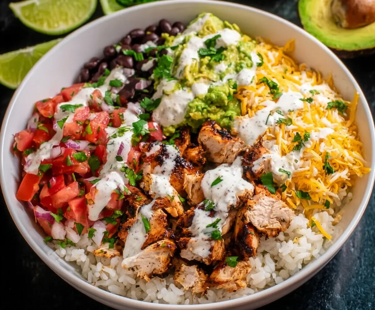Delicious chicken burrito bowls with fresh vegetables and savory toppings ready to serve.