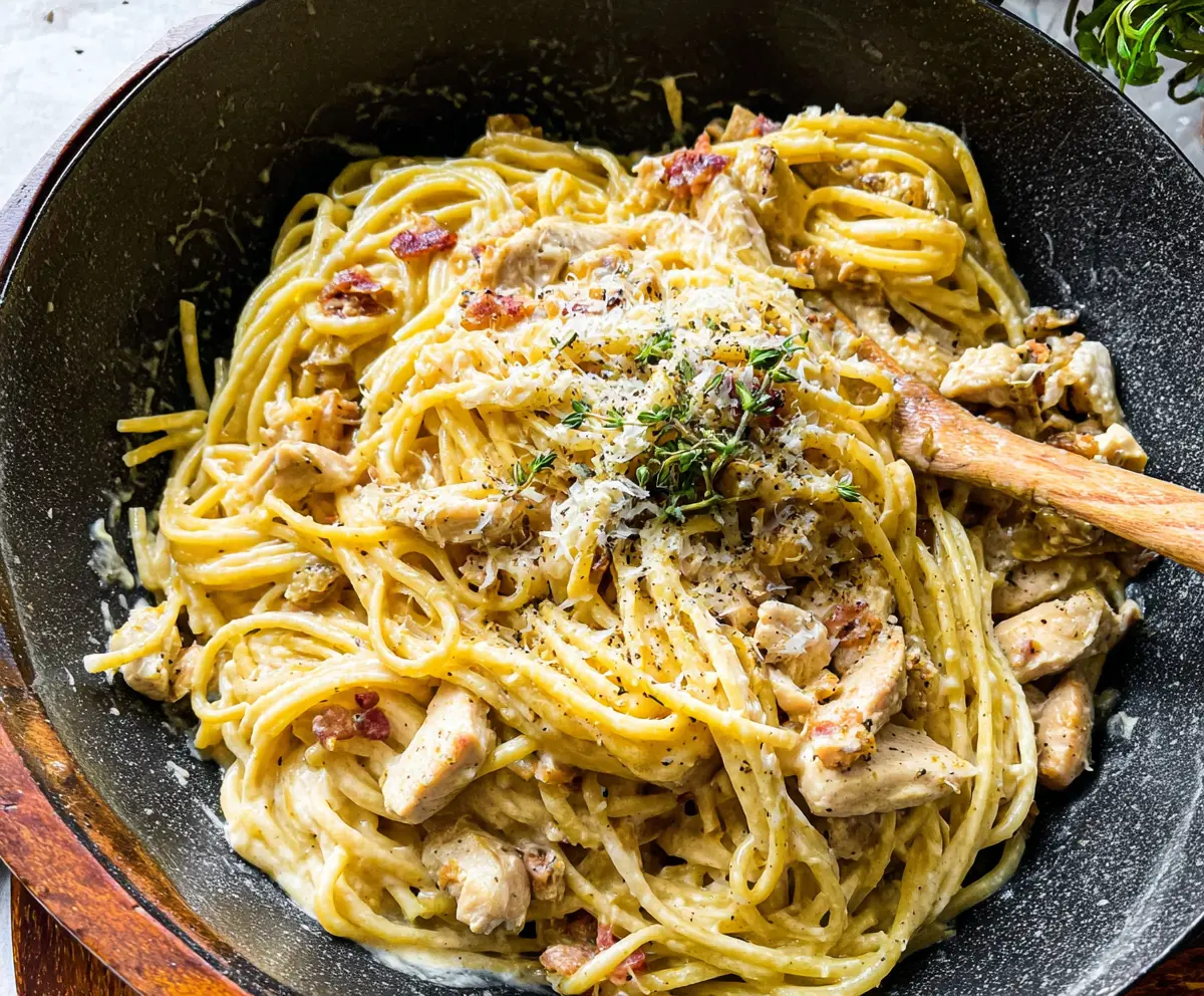 Creamy chicken carbonara pasta with bacon and Parmesan cheese served on a white plate.