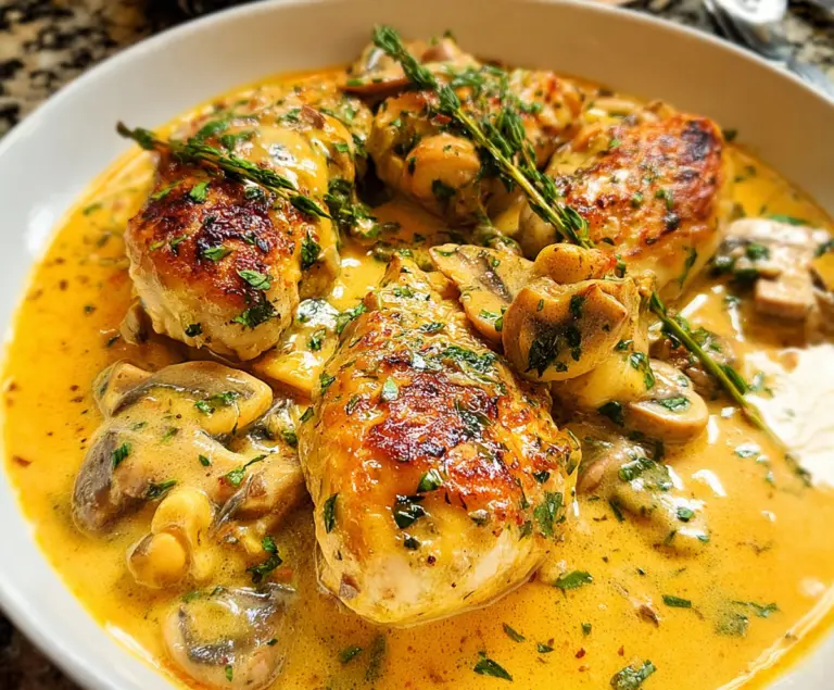 Delicious Chicken Diane served with fresh herbs and a flavorful sauce on a white plate.