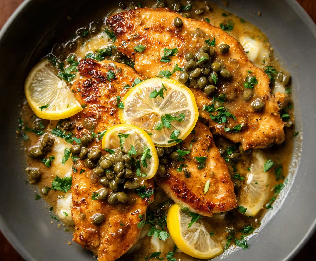 Delicious Chicken Piccata with lemon, capers, and fresh herbs served on a white plate
