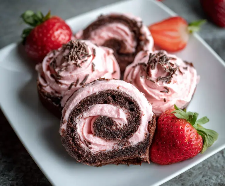 Delicious chocolate rolls topped with strawberry cream cheese frosting, perfect for dessert or breakfast.