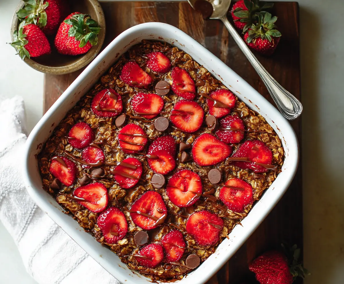 Delicious Chocolate Strawberry Baked Oatmeal served in a bowl with fresh strawberries and melted chocolate on top