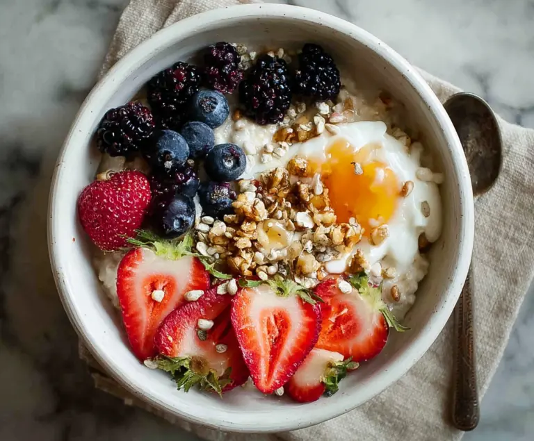 Healthy cottage cheese breakfast bowl topped with fresh berries and nuts