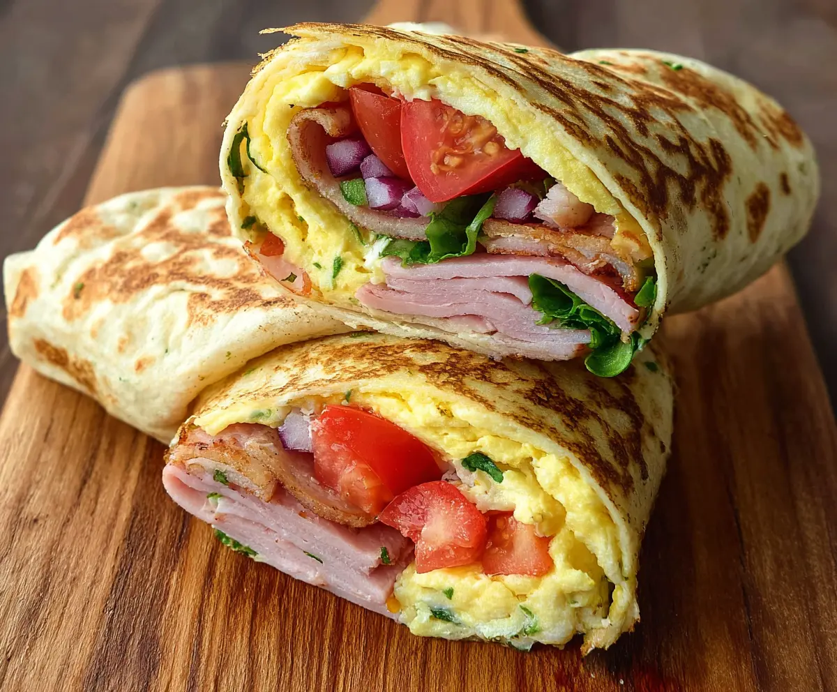 Delicious cottage cheese breakfast wrap filled with fresh vegetables and herbs.