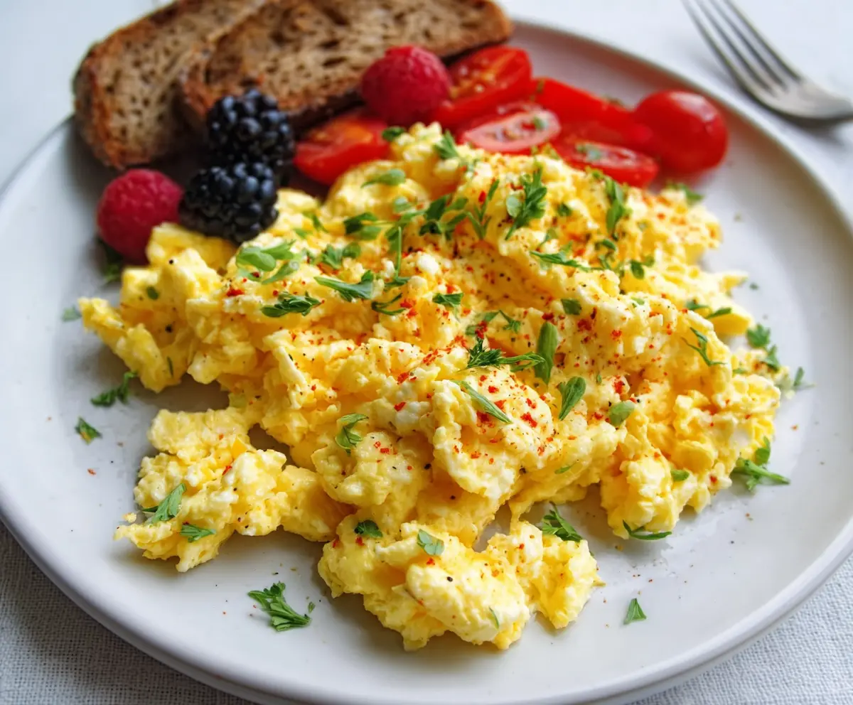 Healthy cottage cheese scrambled eggs served on a plate, perfect for breakfast or brunch.