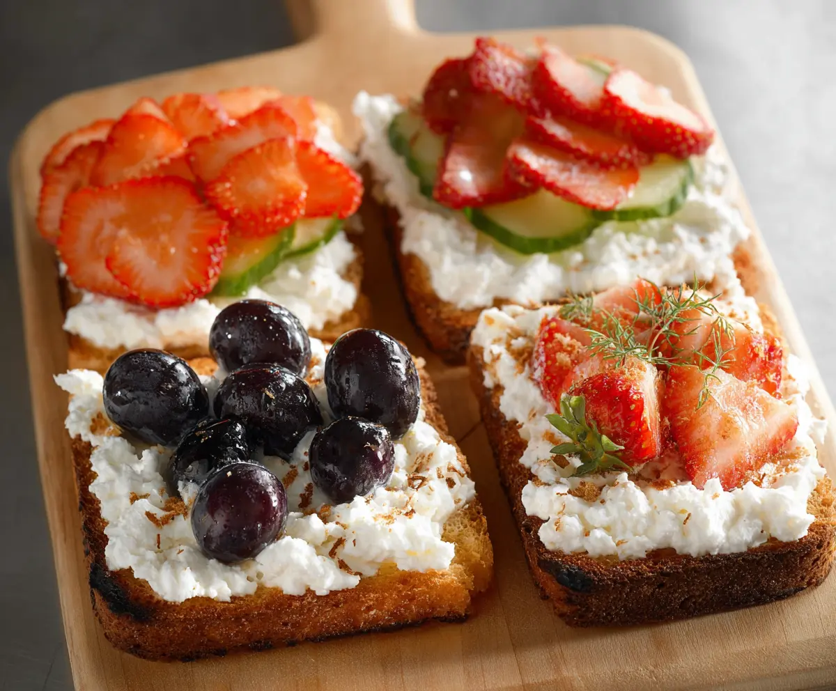 Delicious cottage cheese toast topped with fresh herbs on a rustic plate