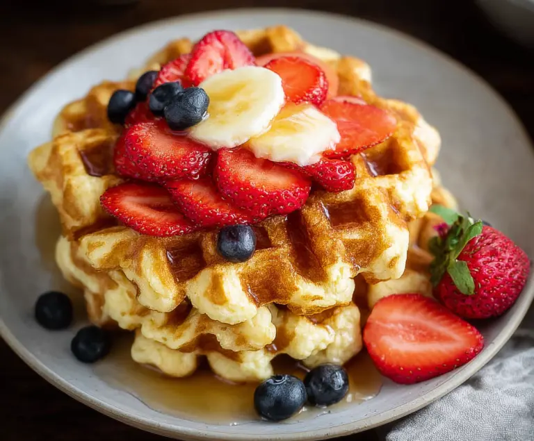 Delicious golden cottage cheese waffles served with fresh fruit and syrup, perfect for a nutritious breakfast.