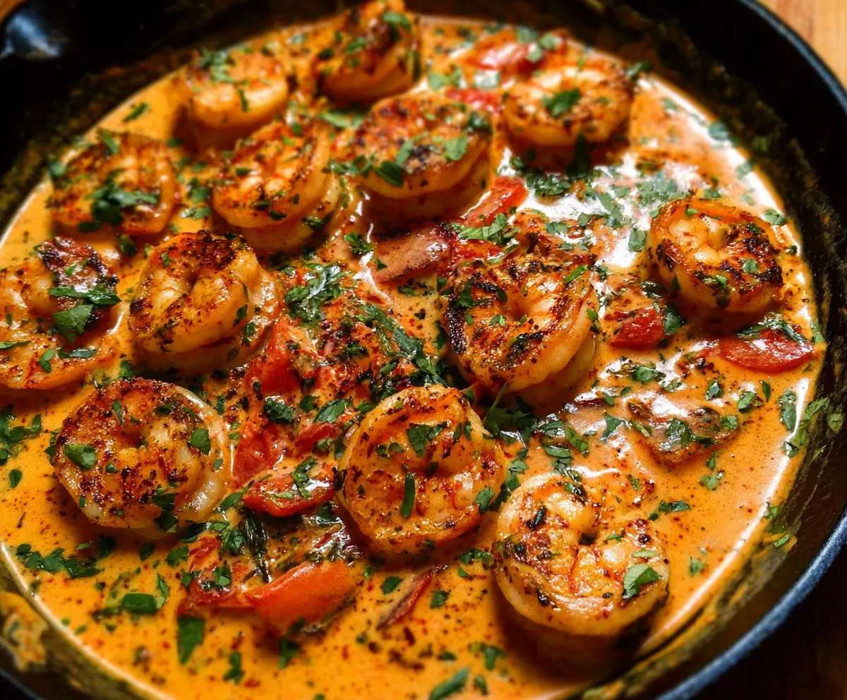 Creamy garlic-paprika shrimp served in a skillet with fresh herbs and lemon wedges.