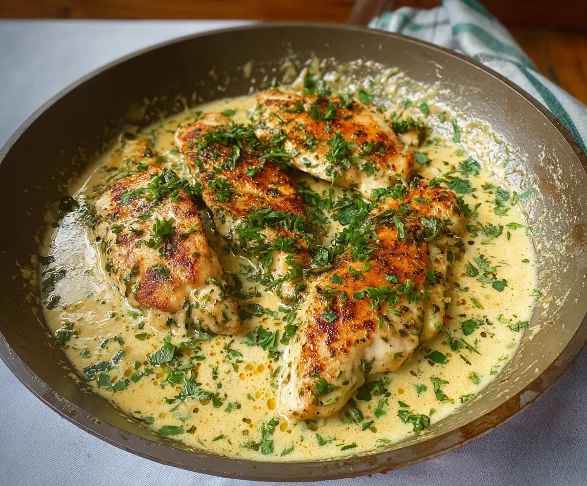 Delicious creamy herb chicken served with fresh herbs and vegetables on a white plate.