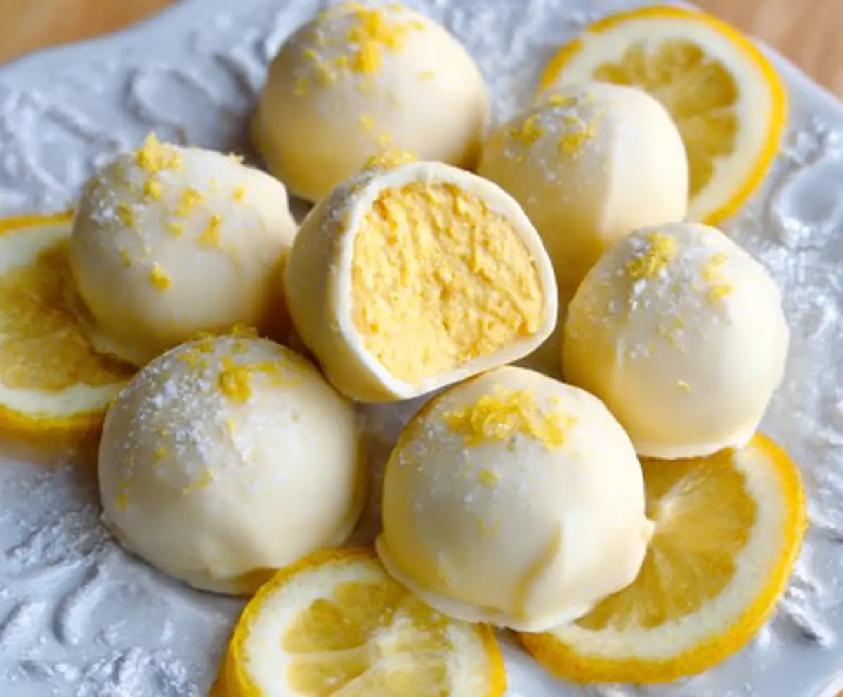 Delicious creamy lemon truffles on a white plate, garnished with lemon zest for a refreshing treat.