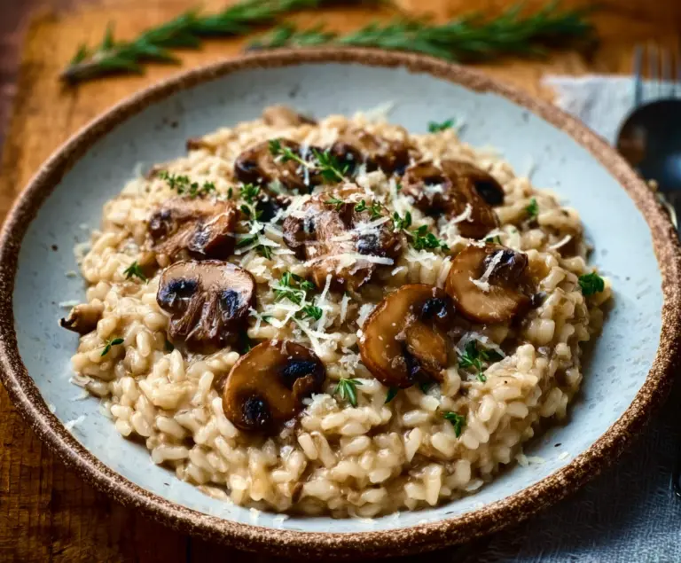 Creamy mushroom risotto served in a romantic dining setting for two, perfect for a dinner date.