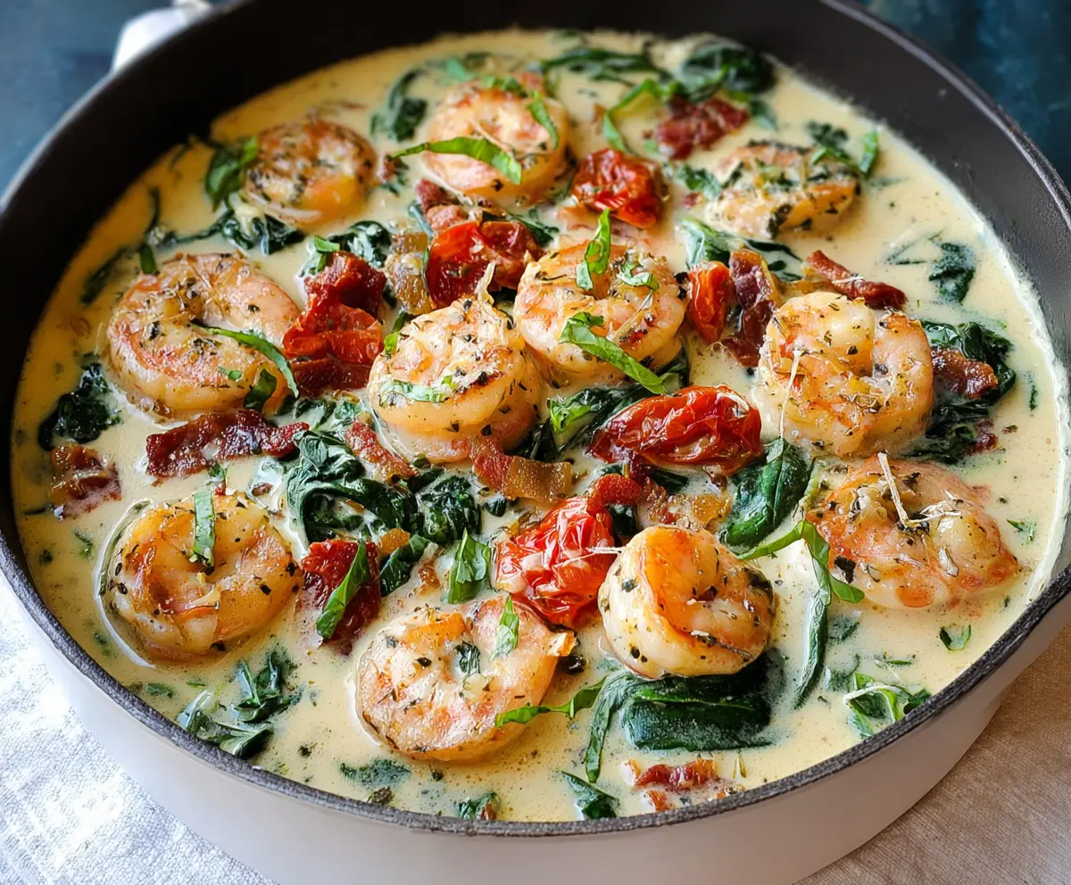 Creamy Tuscan Shrimp served in a white bowl with herbs and a lemon wedge.