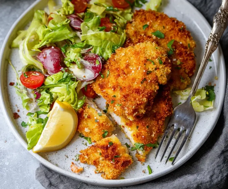 Crispy Air Fryer Chicken Milanese served with fresh lemon and herbs on a white plate.