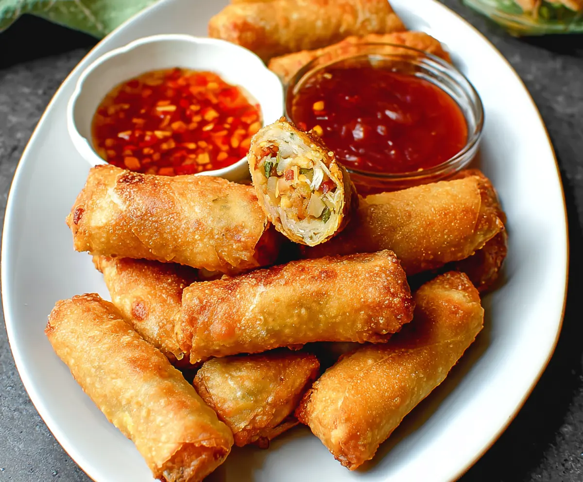 Golden crispy spring rolls filled with vegetables and served with dipping sauce