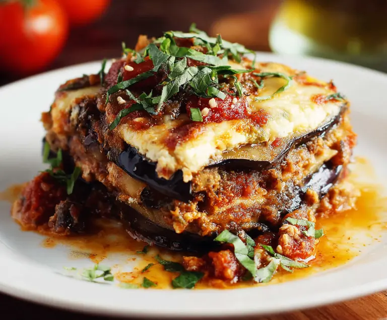 Delicious Eggplant Lasagna with layers of baked eggplant slices, tomato sauce, and melted cheese.