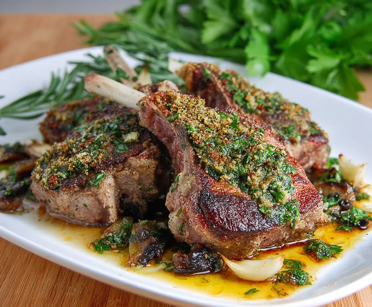 Juicy garlic and herb crusted lamb chops served with fresh herbs on a white plate.