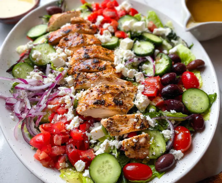 Fresh Greek Salad with Grilled Chicken, tomatoes, cucumbers, olives, and feta cheese on a plate.