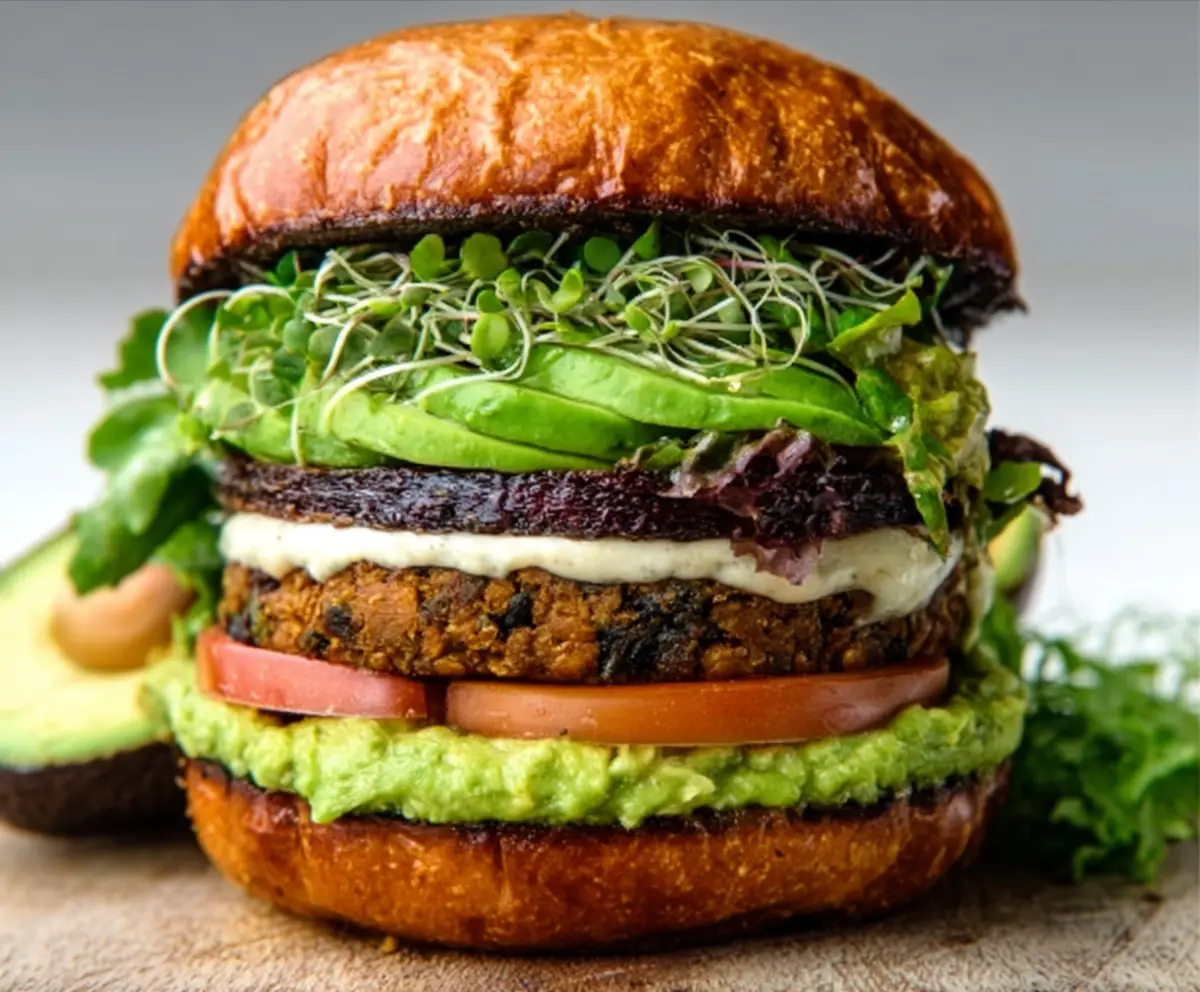 Vibrant Green Goddess Black Bean Burger topped with fresh herbs and creamy sauce on a whole grain bun.