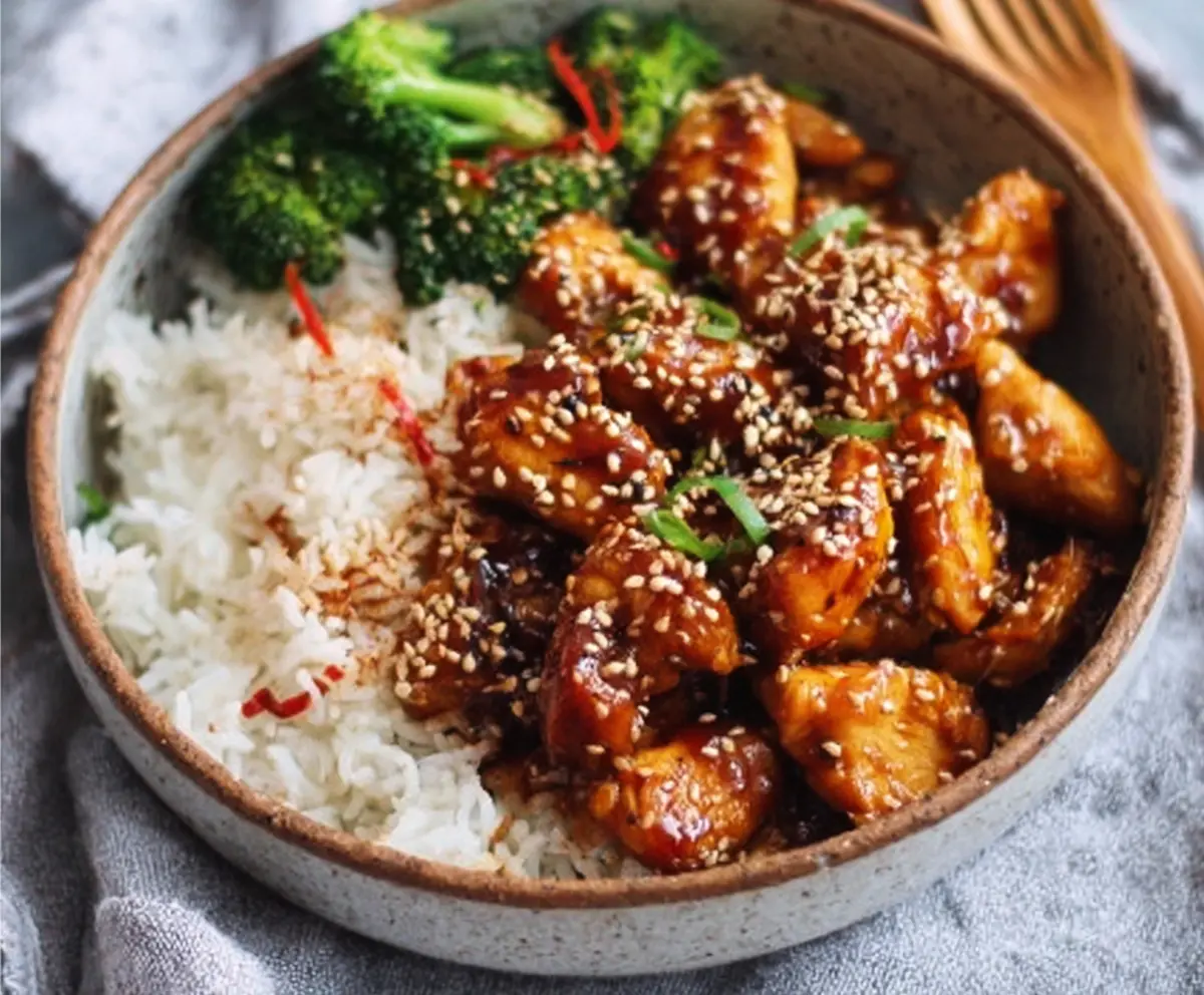 Healthy sesame chicken served with colorful vegetables on a white plate, nutritious and delicious meal option.