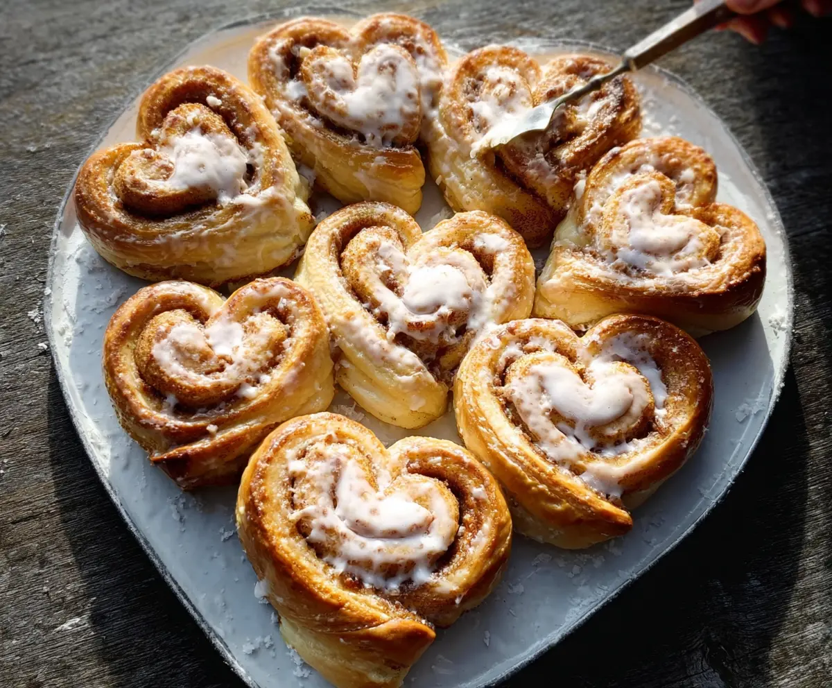 Delicious heart-shaped cinnamon rolls fresh out of the oven, topped with icing for a sweet treat.