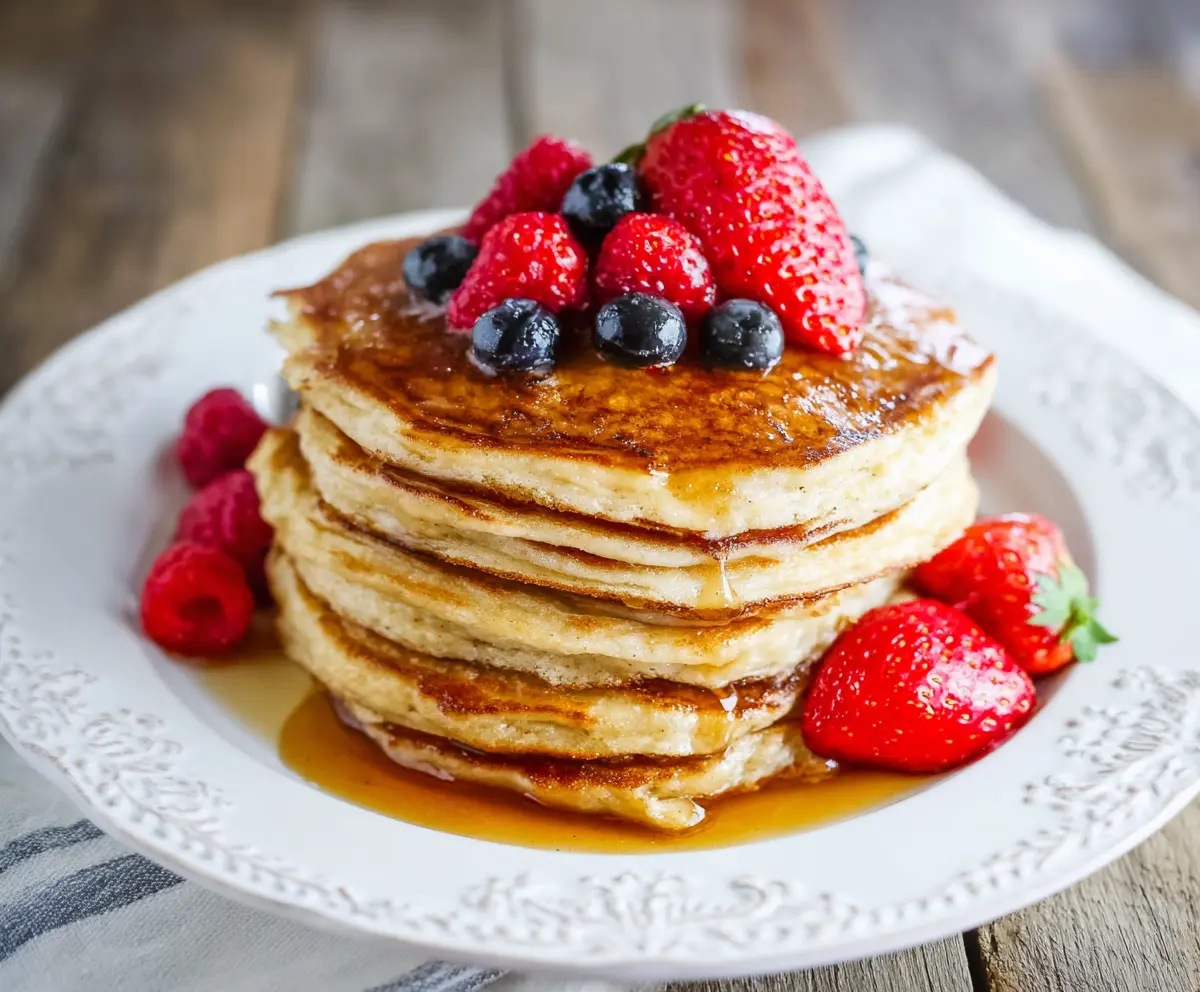 Delicious high-protein cottage cheese pancakes topped with fresh berries and syrup.