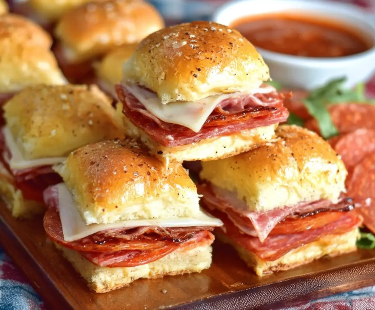 Delicious Hot Italian Sub Sliders with melted cheese, Italian meats, and fresh peppers on a serving plate