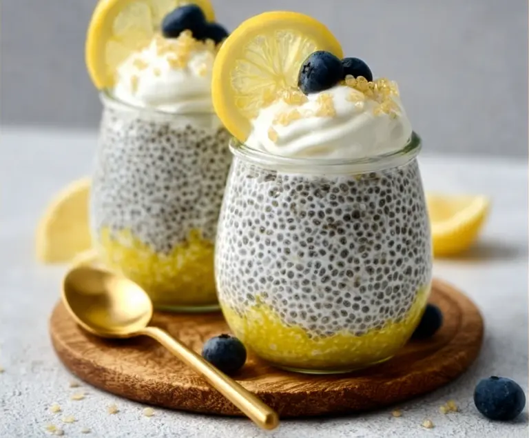 Delicious Lemon Cream Chia Pudding served in a glass bowl with fresh lemon slices on top.