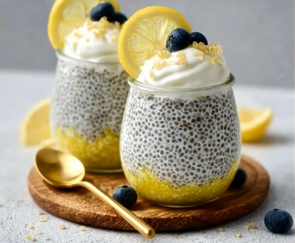 Delicious Lemon Cream Chia Pudding served in a glass bowl with fresh lemon slices on top.