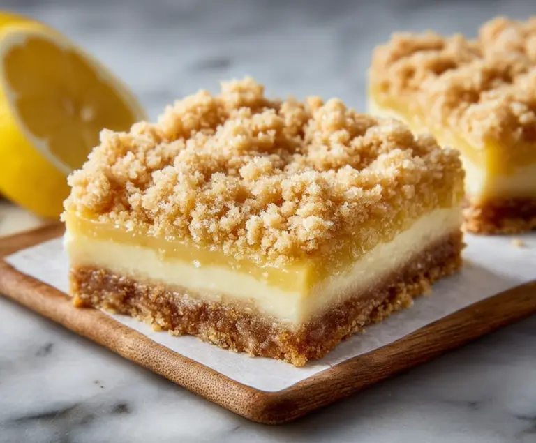 Delicious Lemon Crumb Bars with a golden crust and tangy lemon filling, perfect for dessert.
