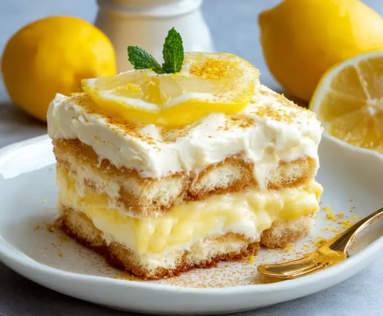 Delicious Lemon Tiramisu dessert garnished with lemon slices and fresh mint leaves.