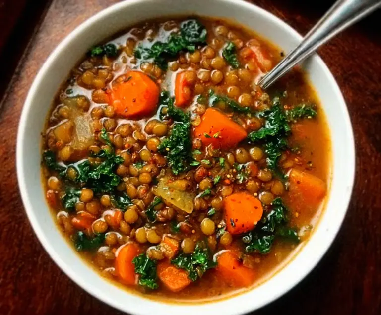 Hearty lentil soup with fresh kale and sliced carrots in a bowl, perfect for a nutritious meal.