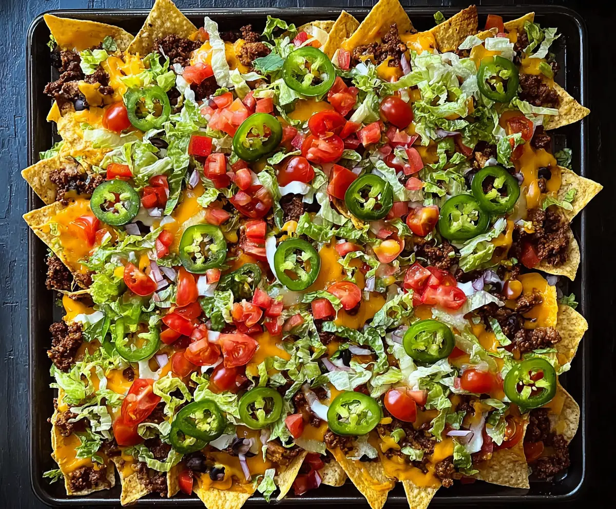 Delicious loaded sheet pan nachos topped with melted cheese, jalapenos, and seasoned meat, perfect for sharing.