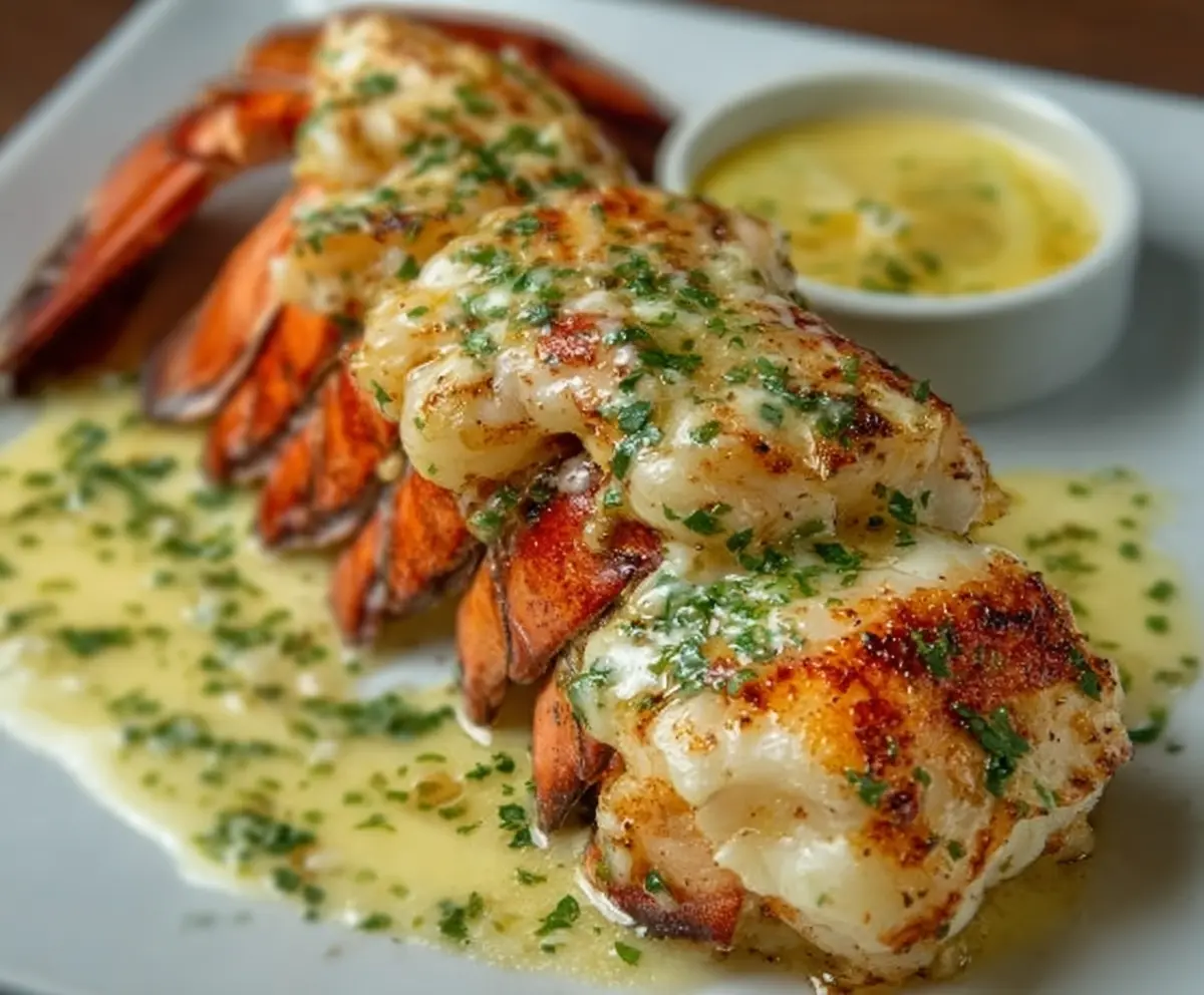 Succulent lobster tail drizzled with rich garlic butter, ready for a gourmet seafood feast.