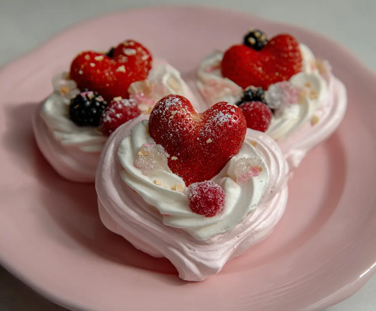 Delicious Mini Heart Pavlovas topped with fresh berries and whipped cream, perfect for special occasions.