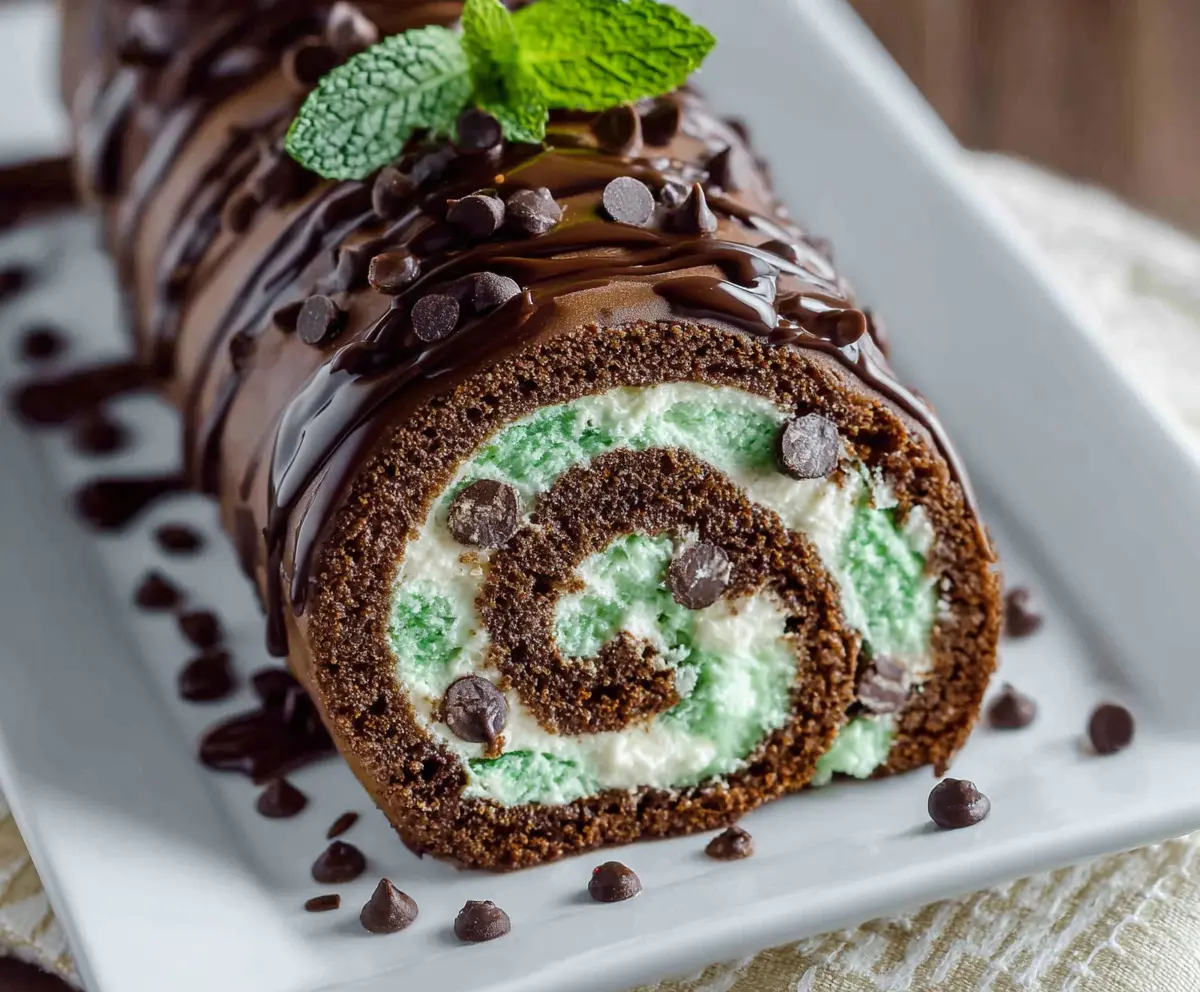 Delicious Mint Chocolate Chip Cake Roll with fresh mint and rich chocolate layers.