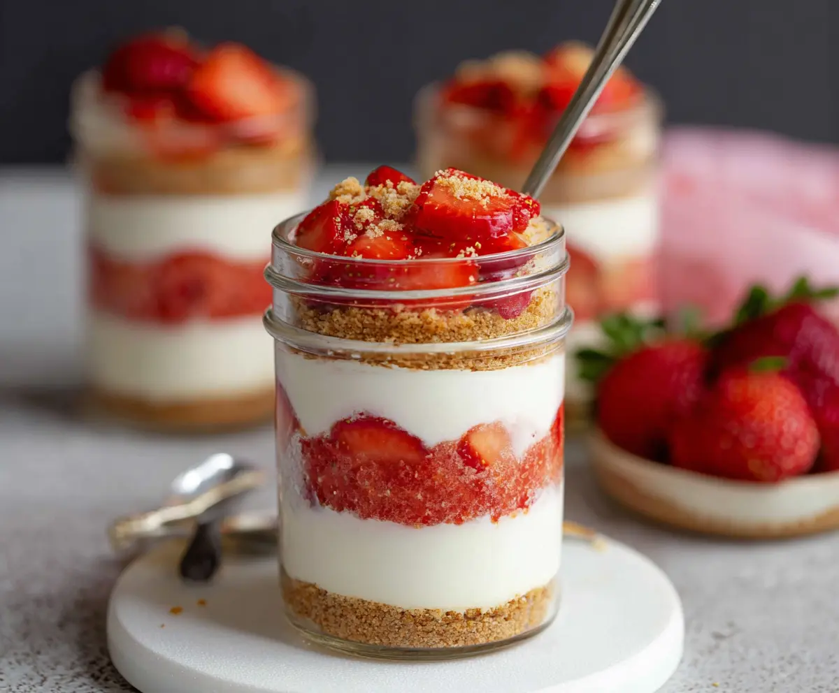 Delicious no-bake strawberry cheesecake jars with fresh strawberries and creamy filling in clear glass jars.