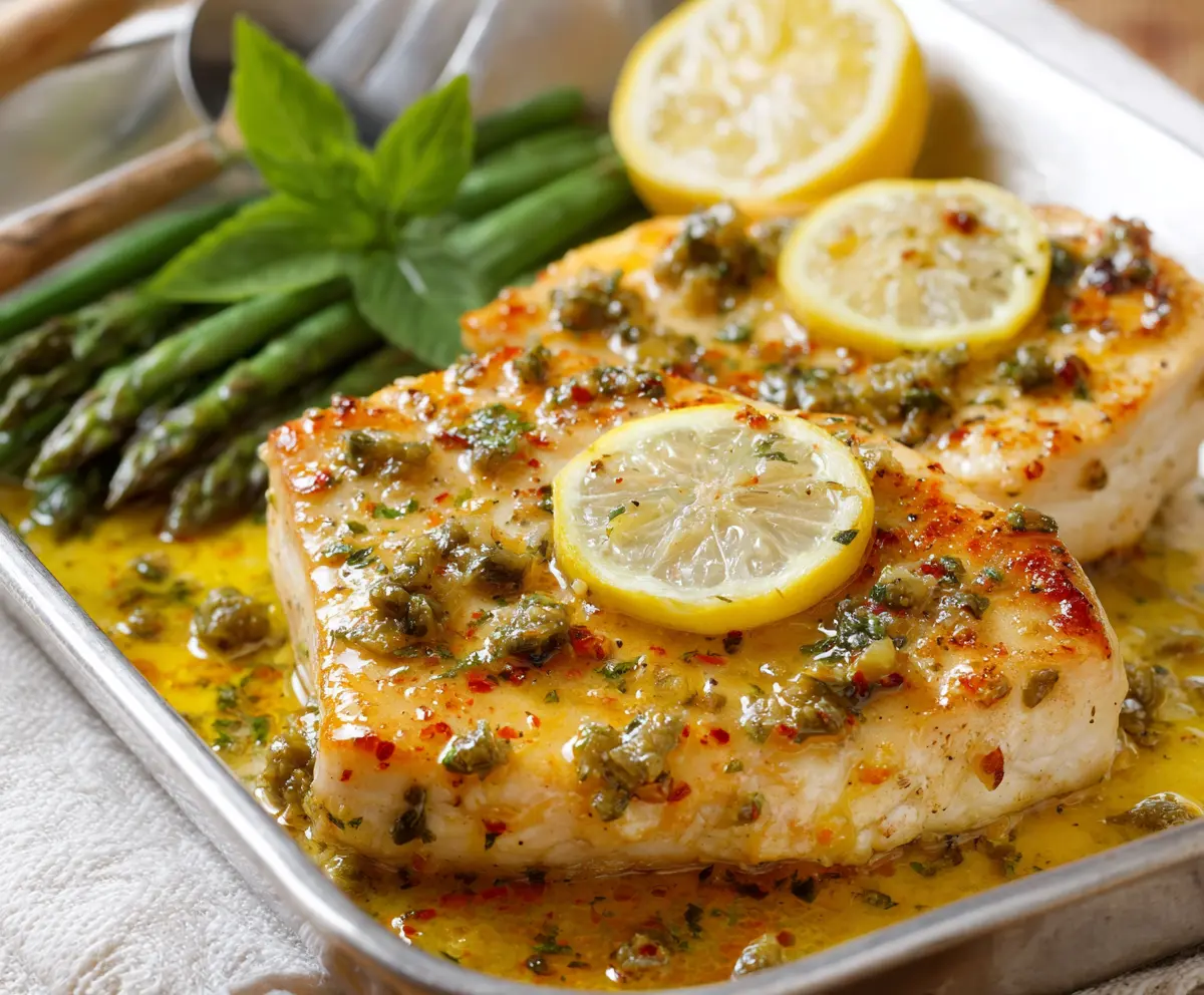 Delicious oven-baked swordfish fillet topped with lemon butter sauce on a plate.