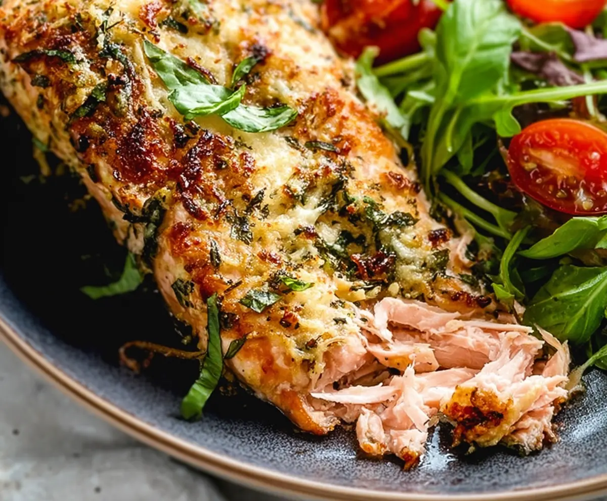 Delicious Parmesan-Basil Air Fryer Salmon served on a plate with fresh herbs for a healthy dinner
