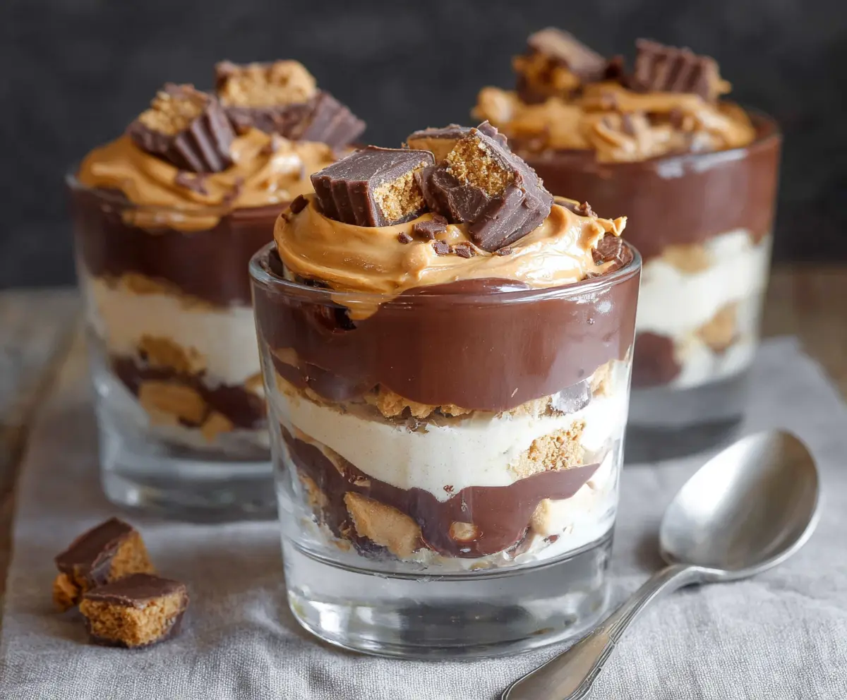 Delicious peanut butter cup parfait with layers of creamy peanut butter and chocolate, topped with crushed peanuts for a perfect dessert.