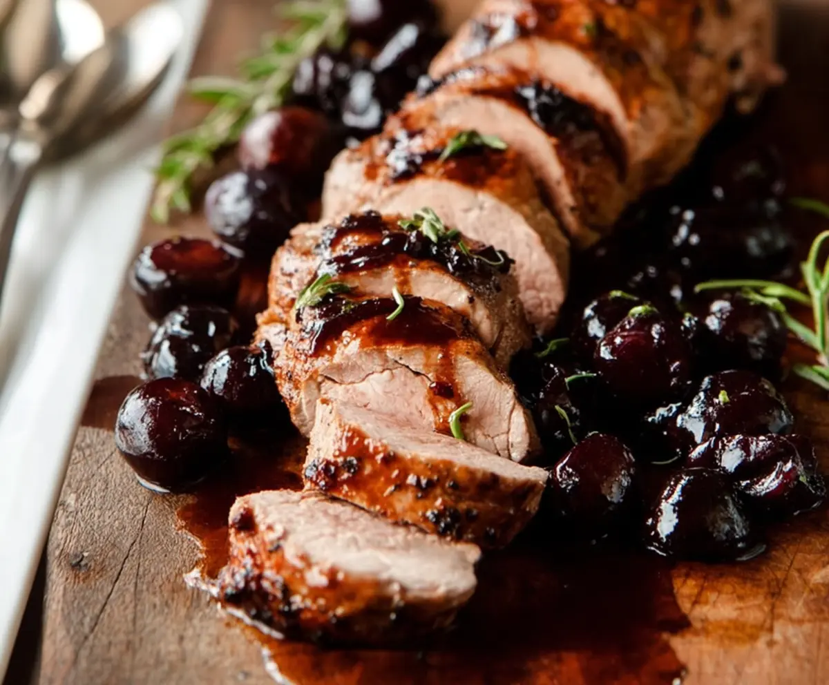 Sliced pork tenderloin served with a vibrant cherry agrodolce sauce, garnished with fresh herbs.