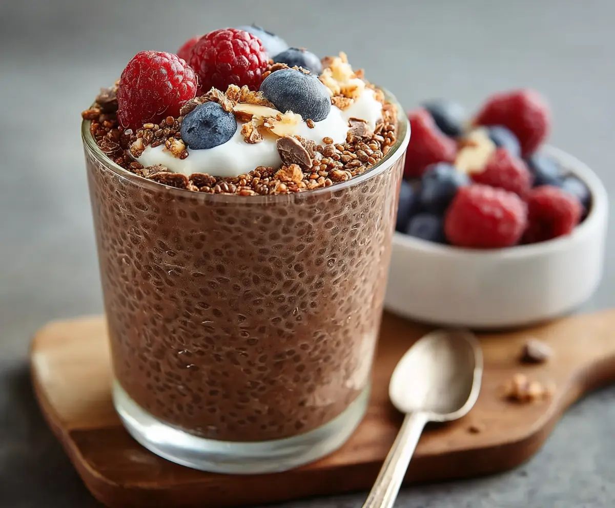 Delicious protein chocolate chia pudding in a glass bowl with a rich, creamy texture and chocolate topping.