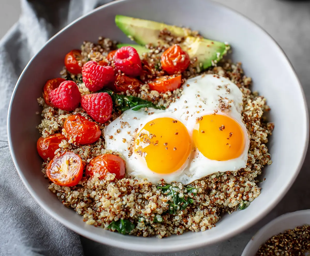 Healthy quinoa breakfast bowl with fresh fruits and nuts, perfect for a nutritious start to the day.