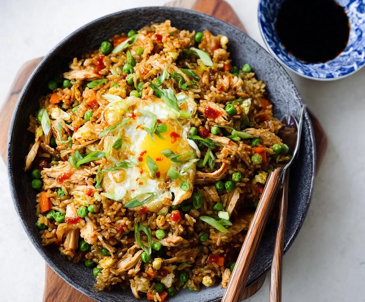 Delicious rotisserie chicken fried rice served on a plate, garnished with green onions and sesame seeds.