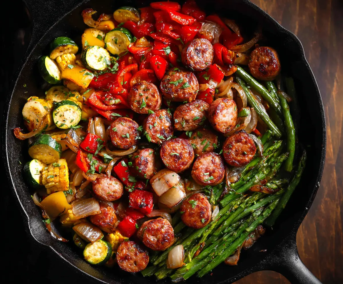 Delicious sausage and vegetable skillet with colorful bell peppers and zucchini.