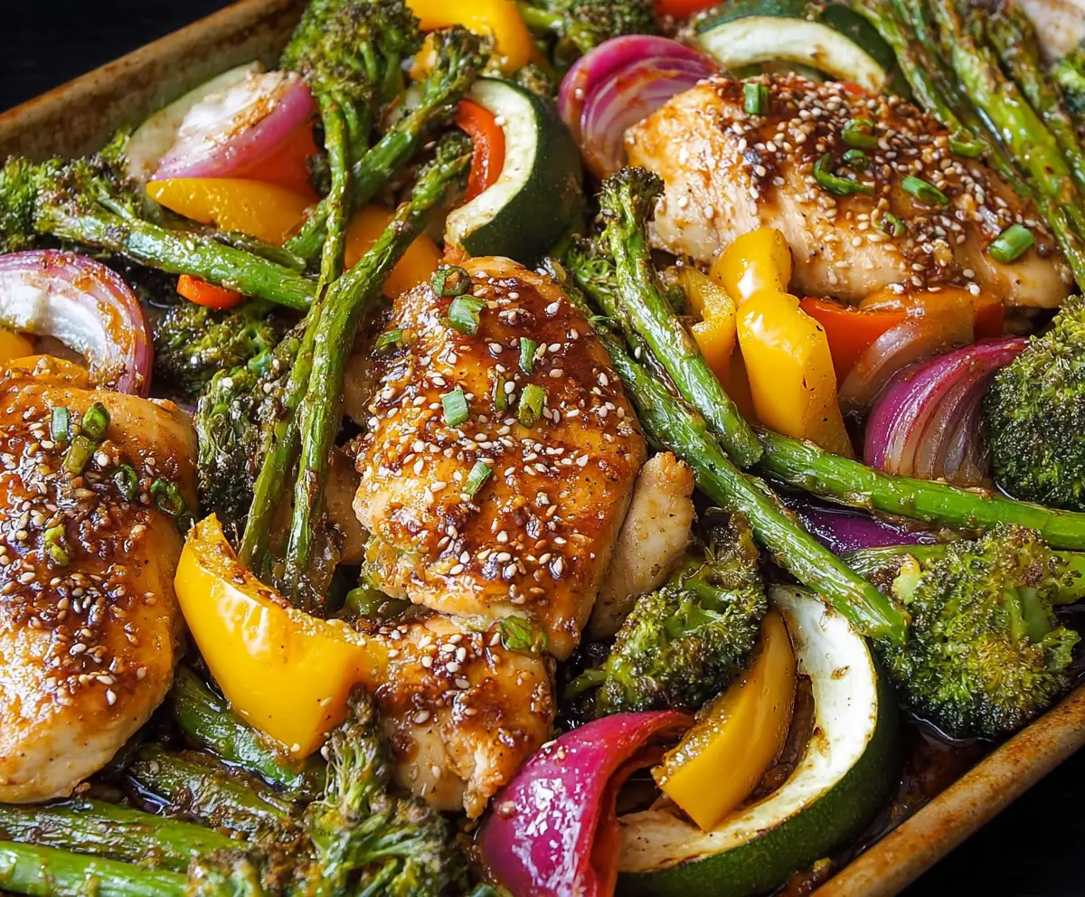 Close-up of Sheet Pan Sesame Chicken with colorful vegetables, showcasing a delicious Asian-inspired meal.