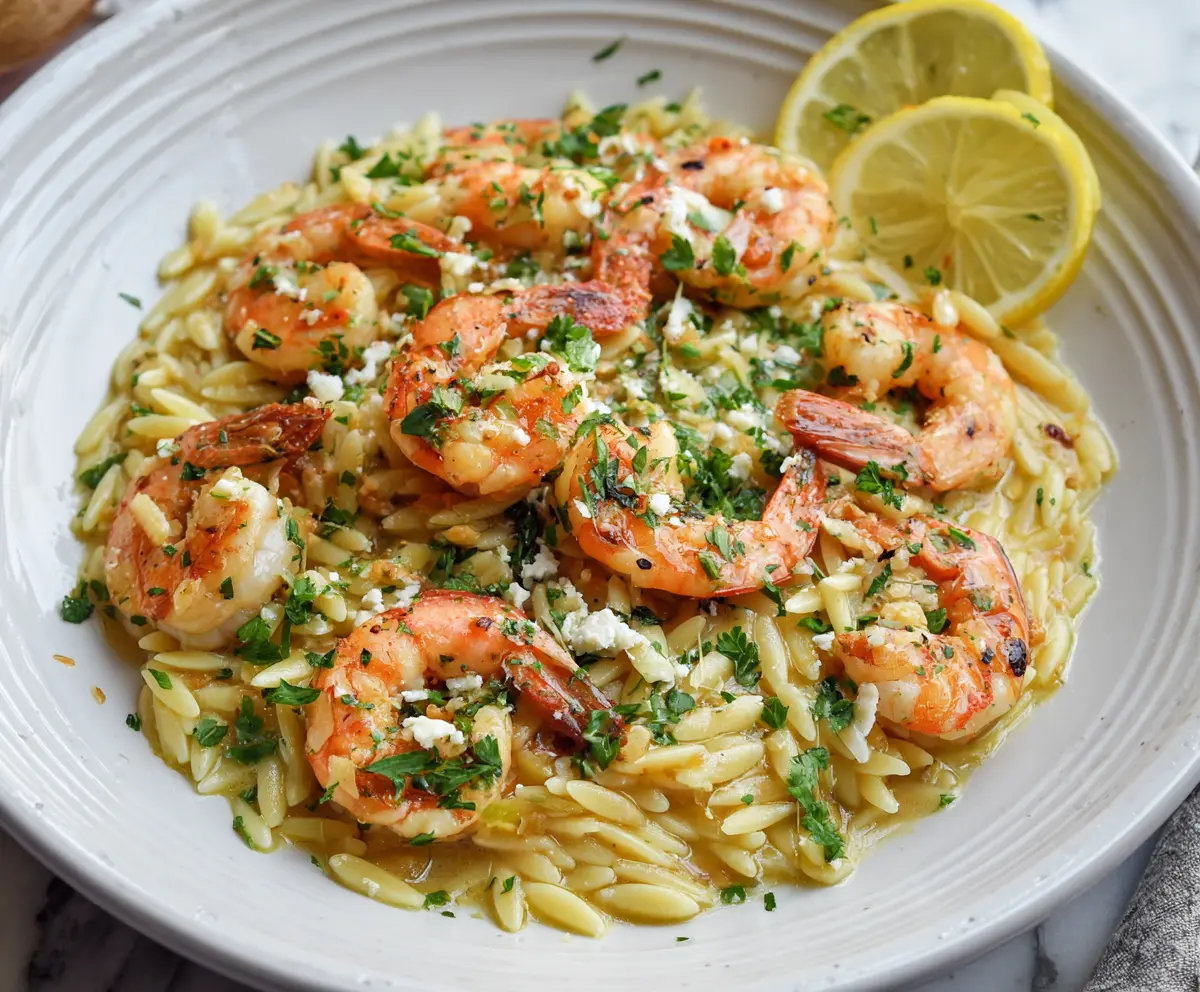 Delicious shrimp orzo pasta in a fresh lemon garlic sauce served on a white plate.