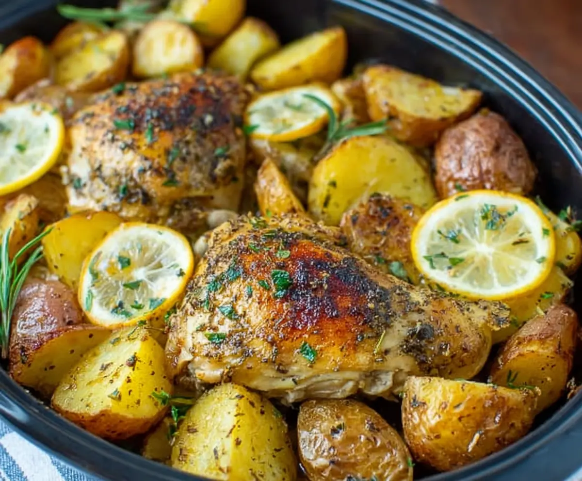 Delicious slow cooker Greek lemon chicken served with tender potatoes on a rustic plate.