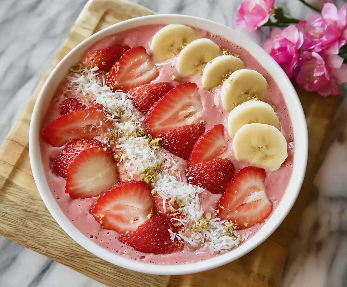 Creamy strawberry banana smoothie bowl topped with fresh fruit and granola, perfect for breakfast or a healthy snack.